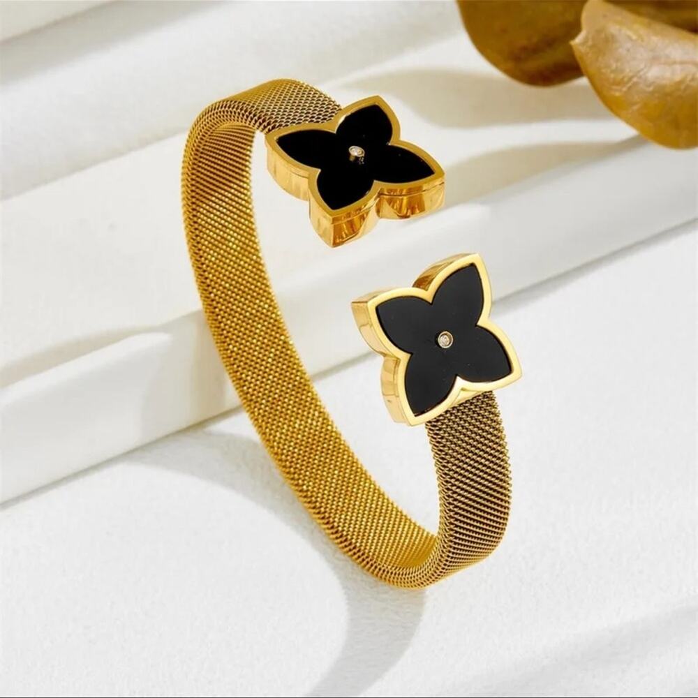 Gold Plated and Black Mesh Four Leaf Clover Bracelet